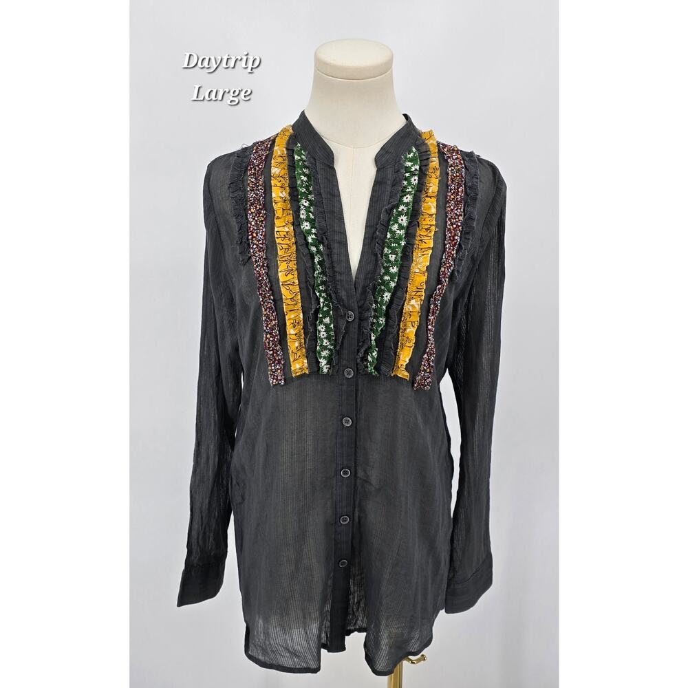 Daytrip Boho Cottagecore Festival Black Button Front Tunic Blouse – Size L
